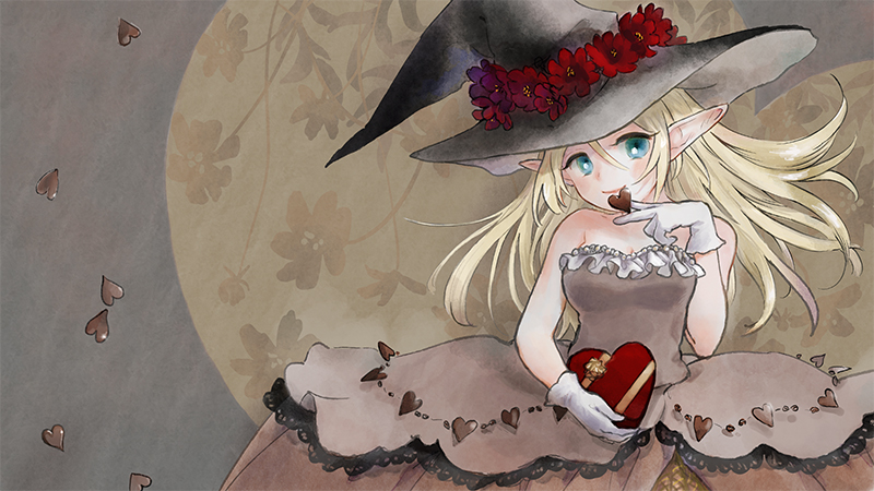 1girl bare_shoulders black_hat blonde_hair blue_eyes box breasts brown_background brown_dress candy chocolate dress eureka_nantoka flower food hat hat_flower heart heart-shaped_box heart-shaped_chocolate holding holding_chocolate holding_food long_hair pointy_ears rakkami! small_breasts wizard_hat yamanecowo