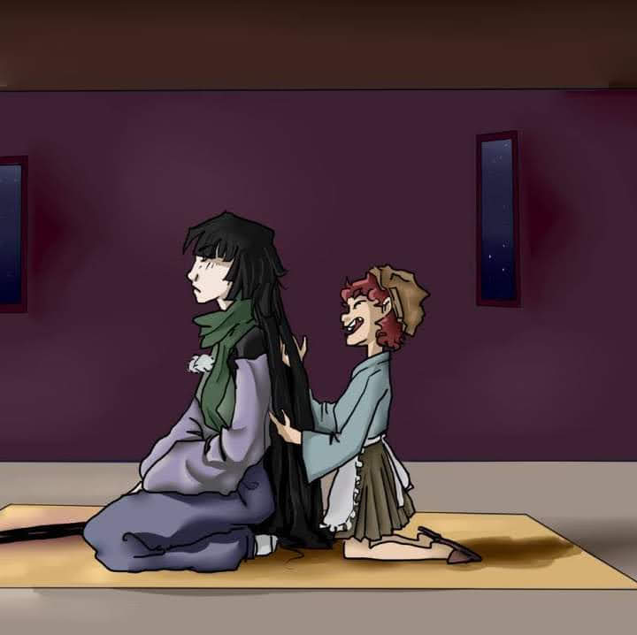 2others ^_^ adagumo_no_yaorochi androgynous apron bad_deviantart_id bad_id bad_source black_hair blue_hakama blue_kimono blunt_bangs brown_footwear brown_hakama brown_helmet closed_eyes closed_mouth detached_sleeves expressionless frilled_apron frills from_side full_body green_scarf green_vest hair_down hakama hakama_short_skirt hakama_skirt hands_in_hair hands_on_lap happy helmet indoors japanese_clothes katano_sukune kimono kneeling layered_sleeves len'en light_frown long_hair long_sleeves mat multiple_others night night_sky no_tail open_mouth other_focus pale_skin pom_pom_(clothes) purple_sleeves red_hair scarf seiza short_hair short_kimono sitting skirt sky slippers smile socks star_(sky) starry_sky straight_hair sword teeth upper_teeth_only very_long_hair vest waist_apron weapon white_apron white_socks window wodkanna