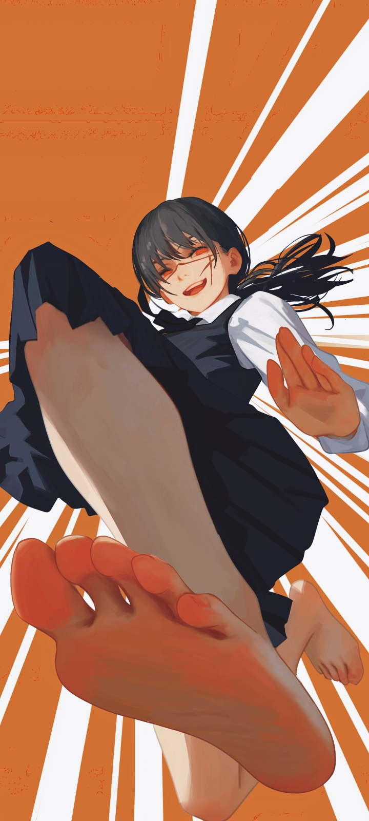 1girl :d barefoot black_hair chainsaw_man chinese_commentary highres long_hair looking_at_viewer open_mouth orange_eyes ponytail scar scar_on_face school_uniform smile solo teeth yao_liao_wang yoru_(chainsaw_man)