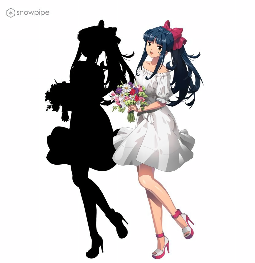 alternate_costume bare_shoulders black_hair blunt_bangs bouquet brown_eyes collarbone company_name dress english_text flower frilled_dress frills hair_ribbon half_updo high_heels high_ponytail holding holding_bouquet holding_flower horizontal-striped_dress leg_up logo long_sidelocks official_art open_mouth pink_flower ponytail purple_flower red_flower red_ribbon red_rose ribbon rose sakura_taisen sega shinguuji_sakura short_dress short_sleeves silhouette simple_background smile standing standing_on_one_leg strapless third-party_source tied_sleeves two-tone_footwear white_background white_dress white_flower