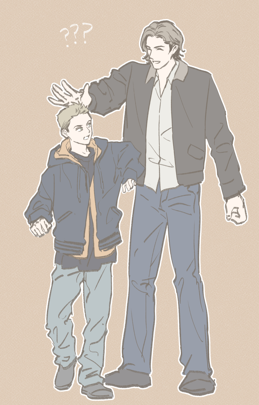 2boys ? ?? aged_down blonde_hair brothers brown_hair closed_eyes dean_winchester full_body green_eyes height_difference highres male_focus mature_male multiple_boys sam_winchester short_hair siblings simple_background smile supernatural_(tv_series) tripleace333