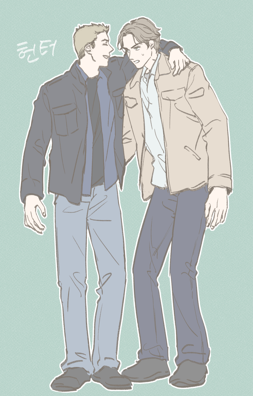 2boys arm_on_another's_shoulder blonde_hair brothers brown_hair closed_eyes dean_winchester full_body green_eyes highres korean_text looking_at_another male_focus mature_male multiple_boys sam_winchester short_hair siblings simple_background smile supernatural_(tv_series) sweatdrop translation_request tripleace333