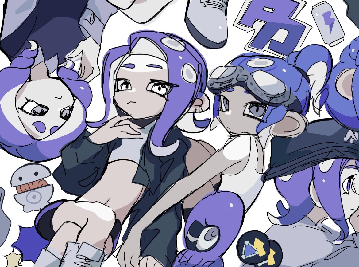 cephalopod_eyes goggles goggles_on_head hat hona564627 jacket logo midriff octoling octoling_boy octoling_girl octoling_player_character octopus open_clothes open_jacket purple_hair simple_background splatoon_(series) splatoon_3 suction_cups tentacle_hair white_background