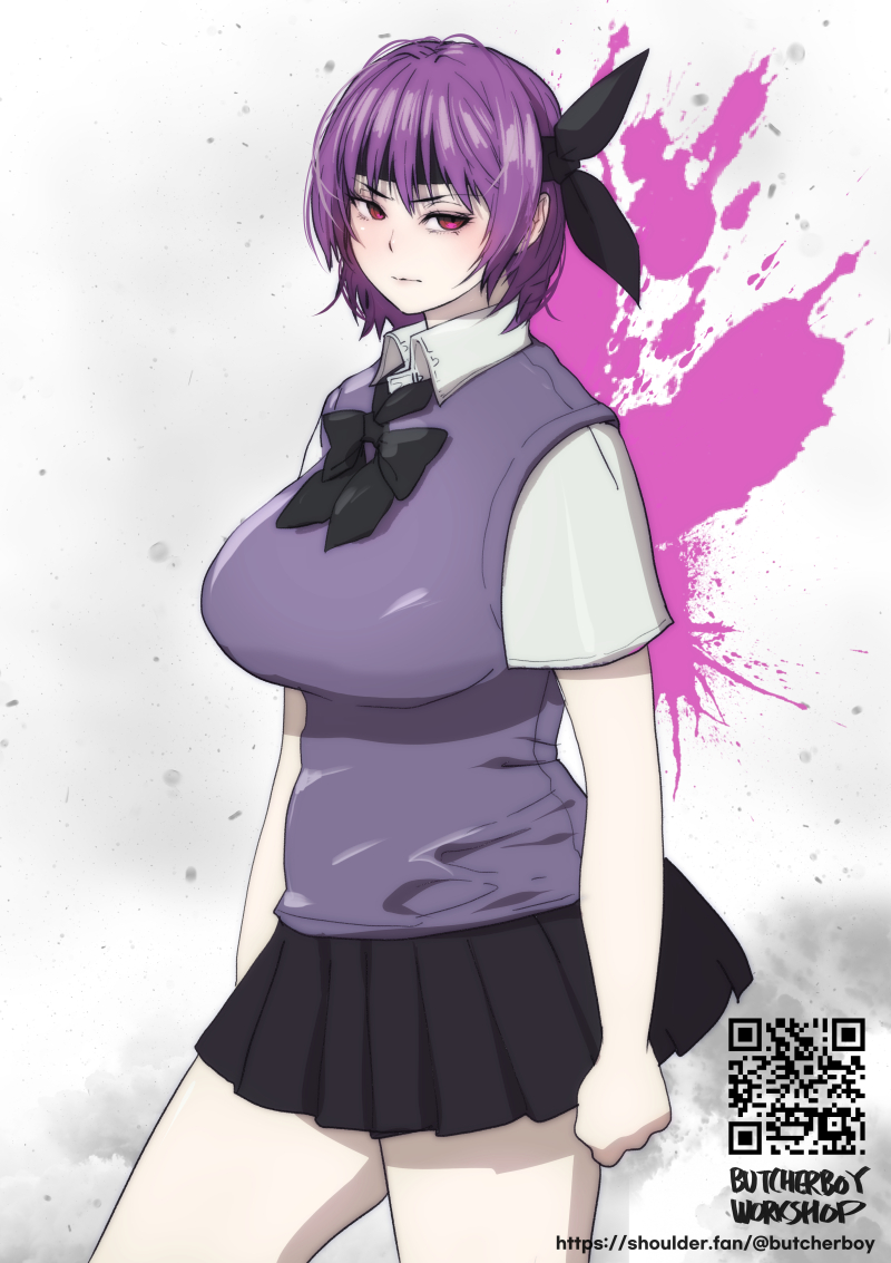 1girl ayane_(doa) black_bow black_headband black_skirt blush bow breasts butcherboy clenched_hand collared_shirt dead_or_alive frown headband korean_commentary large_breasts looking_at_viewer paint_splatter pleated_skirt purple_hair purple_vest qr_code red_eyes shirt short_hair skirt solo v-shaped_eyebrows vest web_address white_shirt