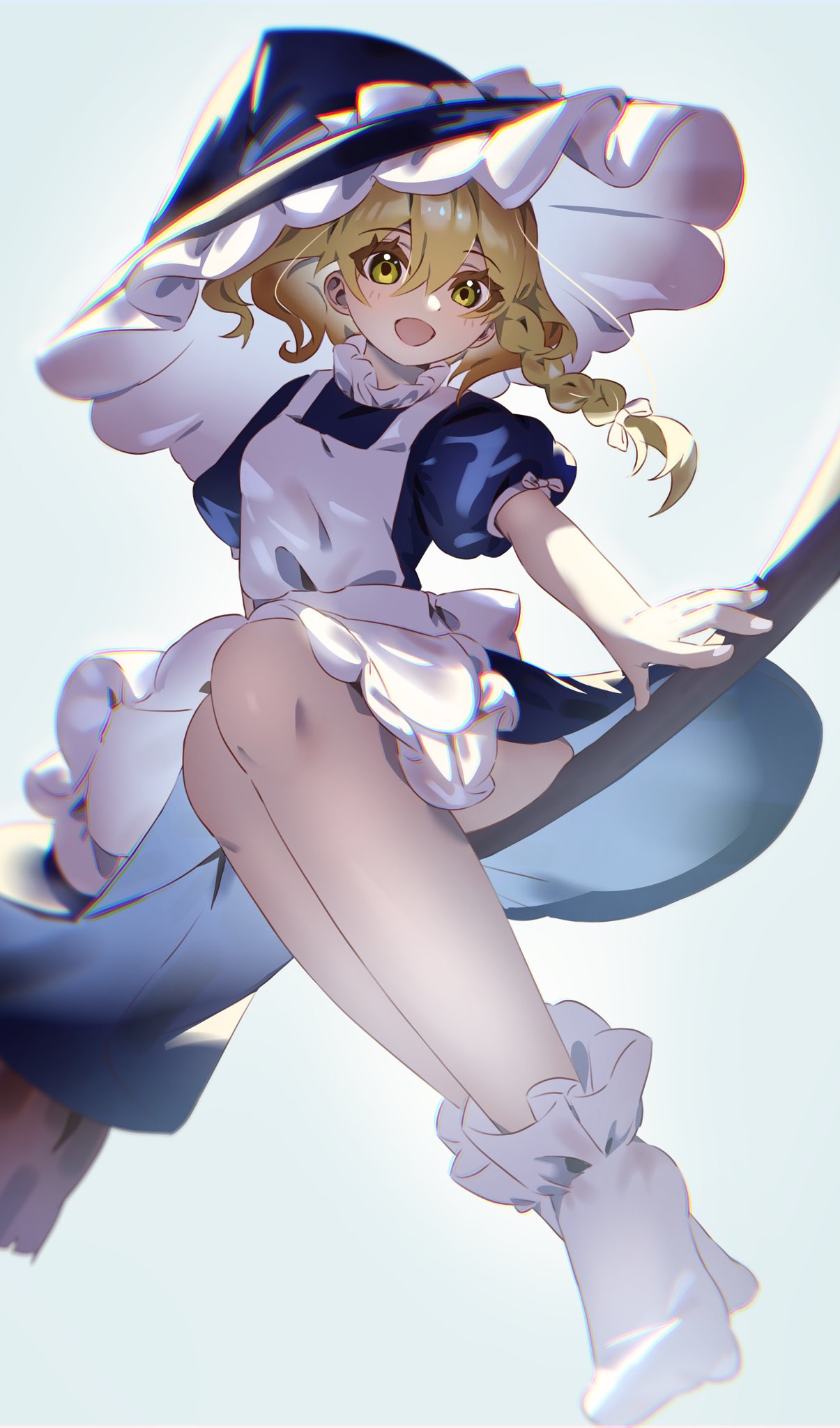 1girl apron blonde_hair bow braid broom broom_riding commentary_request dress embodiment_of_scarlet_devil hair_bow hat hat_bow highres kirisame_marisa light_blush open_mouth rakugakiman2222 short_hair_with_long_locks short_sleeves side_braid single_braid smile socks solo touhou white_apron white_bow white_socks witch_hat yellow_eyes