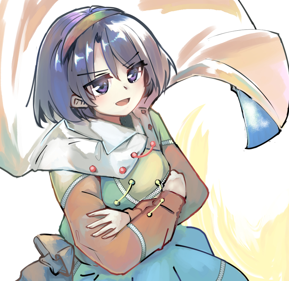 1girl :d aura breasts cape cloak cloud_print crossed_arms dress ginnkei hairband multicolored_clothes multicolored_dress multicolored_hairband patchwork_clothes purple_eyes purple_hair rainbow_gradient short_hair simple_background sky_print small_breasts smile solo tenkyuu_chimata touhou two-sided_cape two-sided_fabric upper_body v-shaped_eyebrows white_background white_cape white_cloak zipper