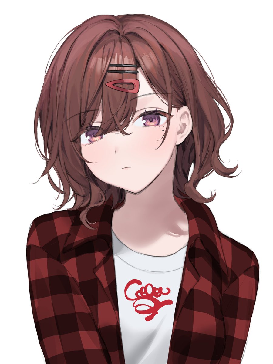 1girl blush brown_hair highres higuchi_madoka idolmaster idolmaster_shiny_colors jacket looking_at_viewer mole mole_under_eye plaid plaid_jacket red_eyes red_jacket shirt short_hair solo upper_body white_shirt yumeme_818