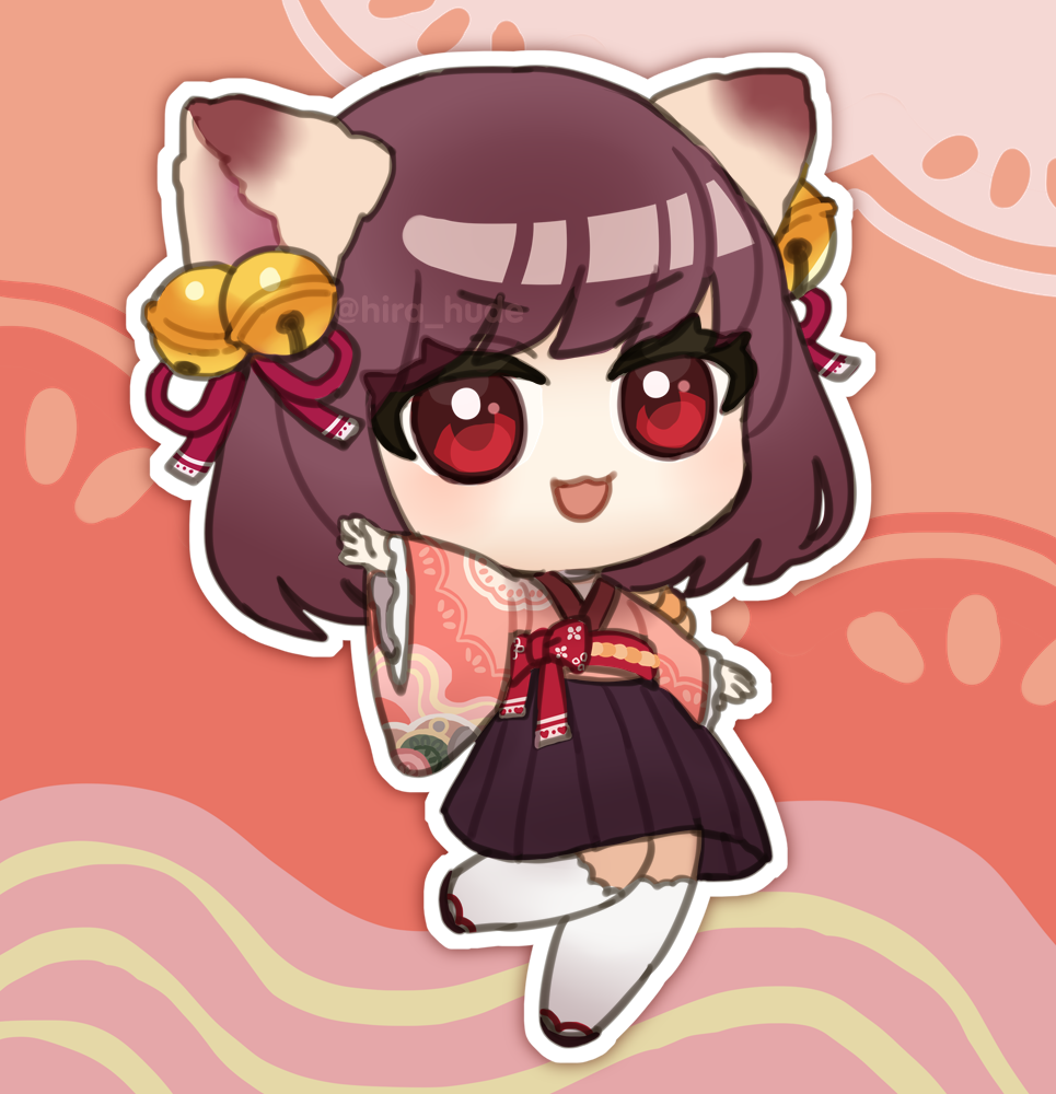 1girl :3 ahoge animal_ears bell bow brown_hair brown_skirt cat_ears cat_girl chibi commentary_request frilled_sleeves frills full_body hair_bell hair_ornament hair_ribbon hirahude ichihime japanese_clothes jingle_bell kimono long_sleeves looking_at_viewer mahjong_soul medium_bangs obi open_mouth outline outstretched_arms pink_background pink_kimono red_bow red_eyes red_ribbon red_sash ribbon sash short_hair skirt solo spread_arms thighhighs v-shaped_eyebrows waist_bow white_outline white_thighhighs wide_sleeves
