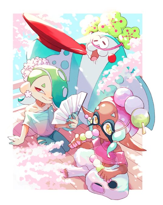1boy 2girls aqua_hair bare_shoulders big_man_(splatoon) blush_stickers border bowl bright_pupils cherry_blossoms chest_sarashi closed_mouth colored_eyelashes commentary_request crop_top dango dango_earrings dark-skinned_female dark_skin drooling earrings eating flower flower_earrings food food-themed_earrings food_on_head frye_(splatoon) full_body gradient_hair green_hair green_pants hair_flower hair_ornament hair_over_one_eye hand_fan harem_pants holding holding_bowl holding_fan holding_food indian_style inkling jewelry kneeling long_hair manta_ray midriff multicolored_hair multiple_girls navel object_on_head octoling official_alternate_costume one_eye_covered orange_eyes outside_border pants pink_flower pink_hair pink_shawl pink_shirt pointy_ears red_eyes sarashi see-through_shawl shawl shirt shiver_(splatoon) short_eyebrows sitting smile socks splatoon_(series) splatoon_3 star-shaped_pupils star_(symbol) suction_cups symbol-shaped_pupils tentacle_hair teo_(teorekka) toeless_footwear torn_clothes torn_pants two-tone_hair wagashi white_border white_pupils white_socks x_hair_ornament
