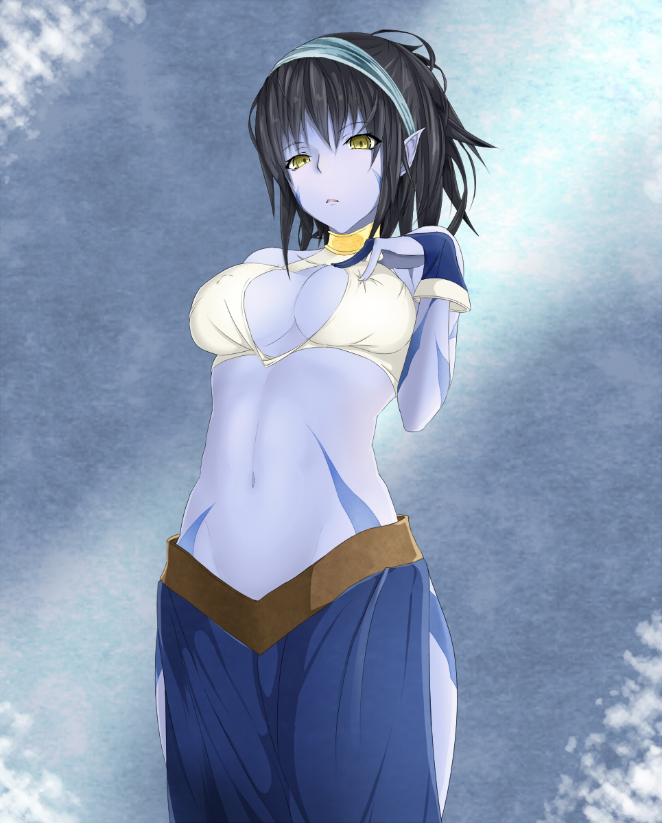 black_hair blue blue_background blue_dress blue_skin celsius_(tales) choker cleavage_cutout dress expressionless gloves hairband highres milaria navel pointy_ears short_hair solo tales_of_(series) tales_of_symphonia yellow_eyes