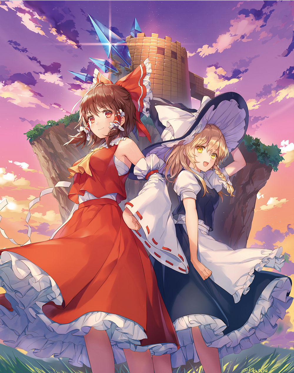 2girls :d apron arm_up ascot bangs bare_shoulders black_hat black_skirt black_vest blonde_hair bow braid breasts brown_eyes brown_hair building cloud commentary_request detached_sleeves eyebrows_visible_through_hair feet_out_of_frame frilled_apron frilled_bow frills gradient_sky grass hair_between_eyes hair_bow hair_tubes hakurei_reimu hand_on_headwear hand_on_hip hat hat_bow highres kikugetsu kirisame_marisa long_hair long_sleeves looking_at_viewer medium_breasts multiple_girls open_mouth orange_sky outdoors petticoat puffy_short_sleeves puffy_sleeves purple_sky red_bow red_skirt ribbon-trimmed_sleeves ribbon_trim sarashi shide shirt short_hair short_sleeves sidelocks single_braid skirt skirt_set sky smile standing sunset touhou vest waist_apron white_apron white_bow white_shirt wide_sleeves witch_hat yellow_eyes yellow_neckwear