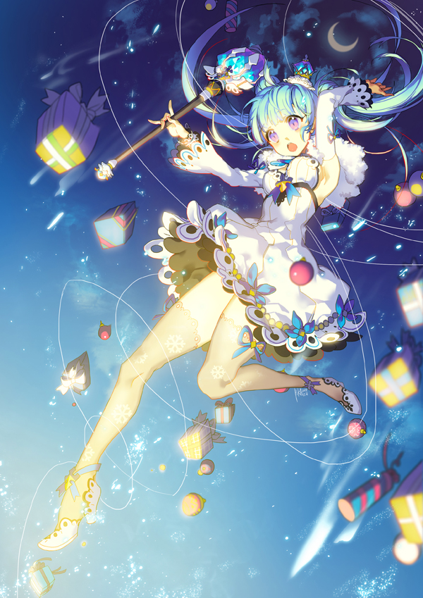 :o aisha_(elsword) alternate_hair_color bare_legs blue_background blue_hair crescent_moon crown detached_sleeves elsword full_body gift holding holding_wand long_hair mini_crown moon pika_(kai9464) purple_eyes shoes skirt solo thighhighs twintails wand white_skirt yellow_legwear