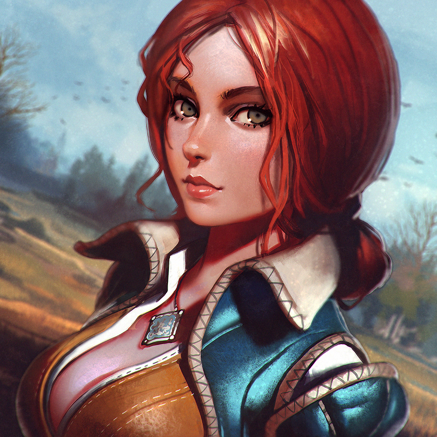 breasts brown_eyes cleavage closed_mouth face hair_bun ilya_kuvshinov jewelry large_breasts lips long_hair looking_at_viewer necklace red_hair smile solo the_witcher the_witcher_3 triss_merigold upper_body