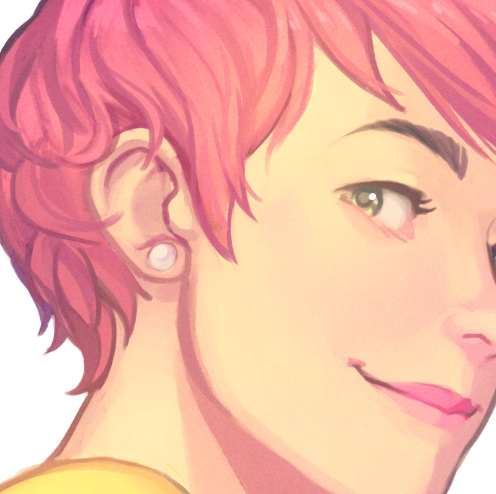 alternate_hair_length alternate_hairstyle annie_mei annie_mei_project caleb_thomas close-up cropped earrings eyebrows face green_eyes jewelry lips lipstick lowres makeup nose pink_hair pixie_cut short_hair solo tomboy