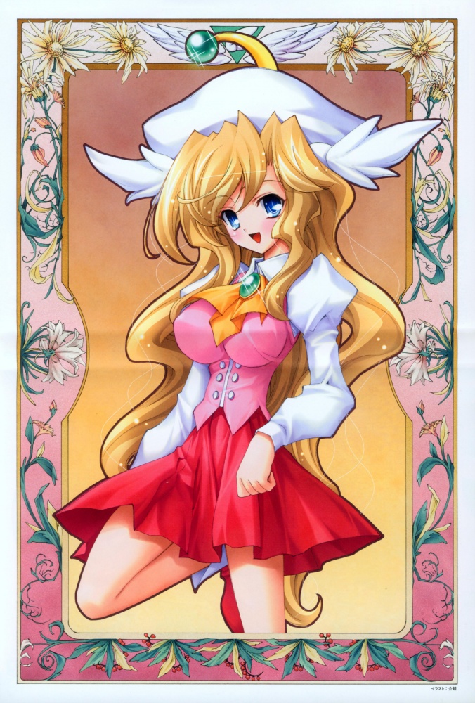 1girl blonde_hair blue_eyes blush breasts gem hat head_wings laine large_breasts long_hair long_sleeves looking_at_viewer miniskirt open_mouth puffy_sleeves red_shoes red_skirt school_uniform shiny shiny_hair shoes skirt smile solo standing standing_on_one_leg ufo_princess_valkyrie very_long_hair