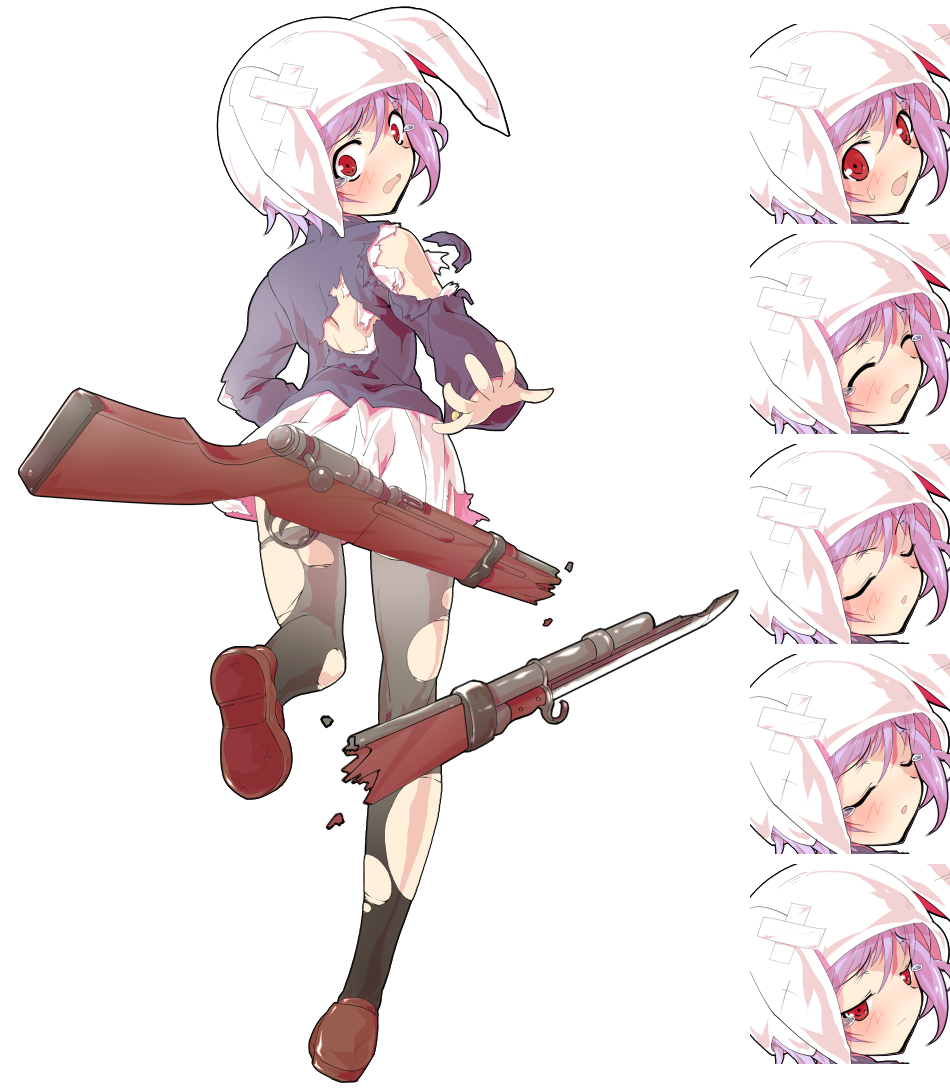 after_battle alphes_(style) ass back bandages black_legwear blazer blush bolt_action broken broken_weapon crying crying_with_eyes_open d: dairi from_behind full_body gun jacket miniskirt open_mouth parody reisen rifle running sad short_hair skirt solo style_parody surprised sweatdrop tachi-e tears thighhighs torn_clothes torn_legwear touhou transparent_background weapon wide-eyed