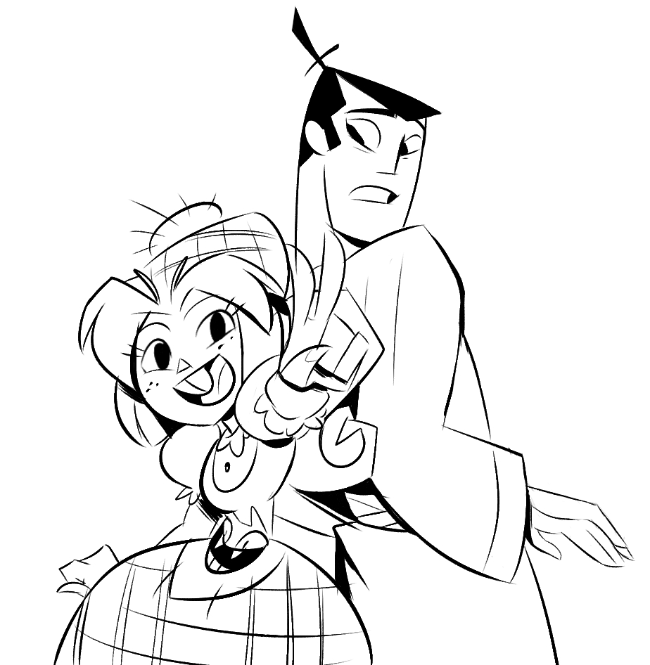 1girl back-to-back buck_teeth cartoon cartoonized ed_herny freckles genderswap greyscale height_difference japanese_clothes kimono monochrome official_style puffy_sleeves samurai_jack samurai_jack_(character) the_scotsman topknot v