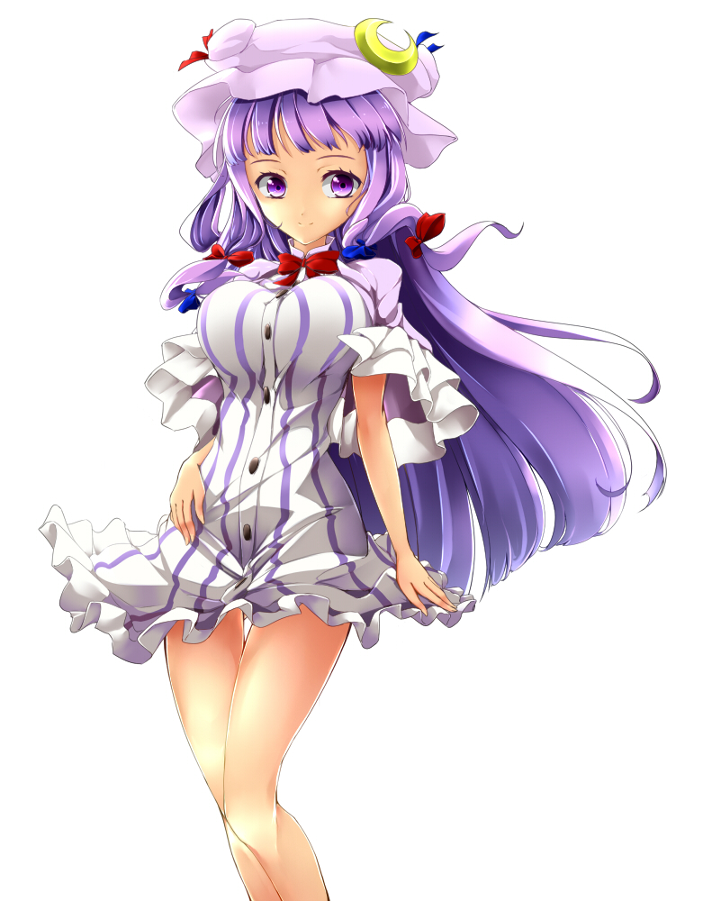 bare_legs breasts capelet crescent crescent_hair_ornament double_bun dress hair_ornament hair_ribbon hand_on_hip hat long_hair looking_at_viewer medium_breasts mob_cap patchouli_knowledge purple_eyes purple_hair ribbon santa_(kaisou_hikuutei) short_sleeves simple_background smile solo striped striped_dress touhou tress_ribbon very_long_hair white_background