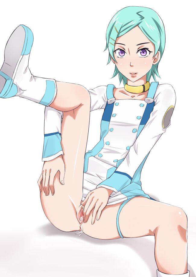 1girl blush boots choker dress eureka eureka_seven eureka_seven_(series) female green_hair hair_ornament hairclip ichihisa leg_up purple_eyes pussy pussy_juice short_dress short_hair sitting solo spread_legs spread_pussy thigh_strap uncensored