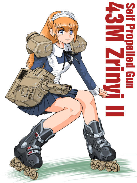 apron blonde_hair blue_eyes boots character_name flak_(aaa's_room) hungary long_hair maid_headdress mecha_musume original pleated_skirt roller_skates skates skirt solo stoop world_war_ii zrinyi_ii_(personification)