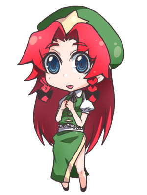 blue_eyes chibi hands_clasped hat hong_meiling long_hair lowres own_hands_together red_hair simple_background solo tima touhou very_long_hair