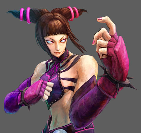 artist_request black_hair crop_top detached_sleeves drill_hair dudou fighting_stance gloves halter_top halterneck han_juri lowres midriff nail_polish official_art pink_eyes pink_nails smile solo street_fighter street_fighter_iv_(series) twin_drills
