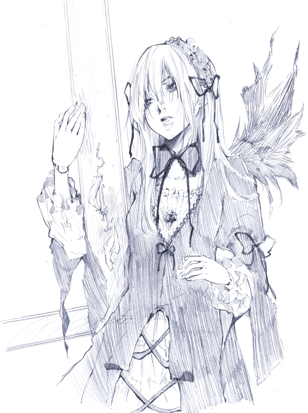 blue doll_joints dress hairband hands long_hair monochrome rousetsu rozen_maiden solo suigintou wings