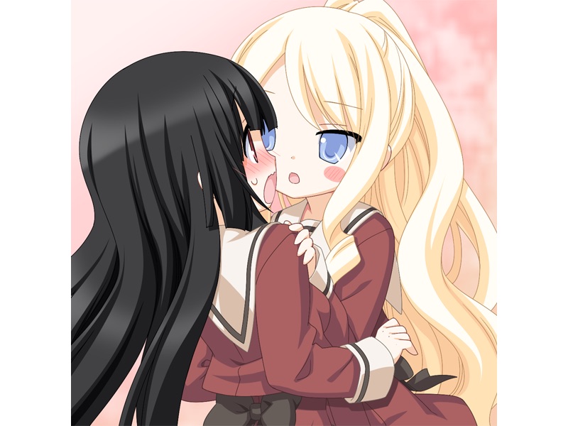 black_hair blonde_hair blue_eyes blush blush_stickers brown_eyes game_cg hand_on_another's_shoulder kirishima_shizuku long_hair multiple_girls open_mouth peko school_uniform shitogi_eris sono_hanabira_ni_kuchizuke_wo st._michael's_school_uniform surprised sweatdrop yuri