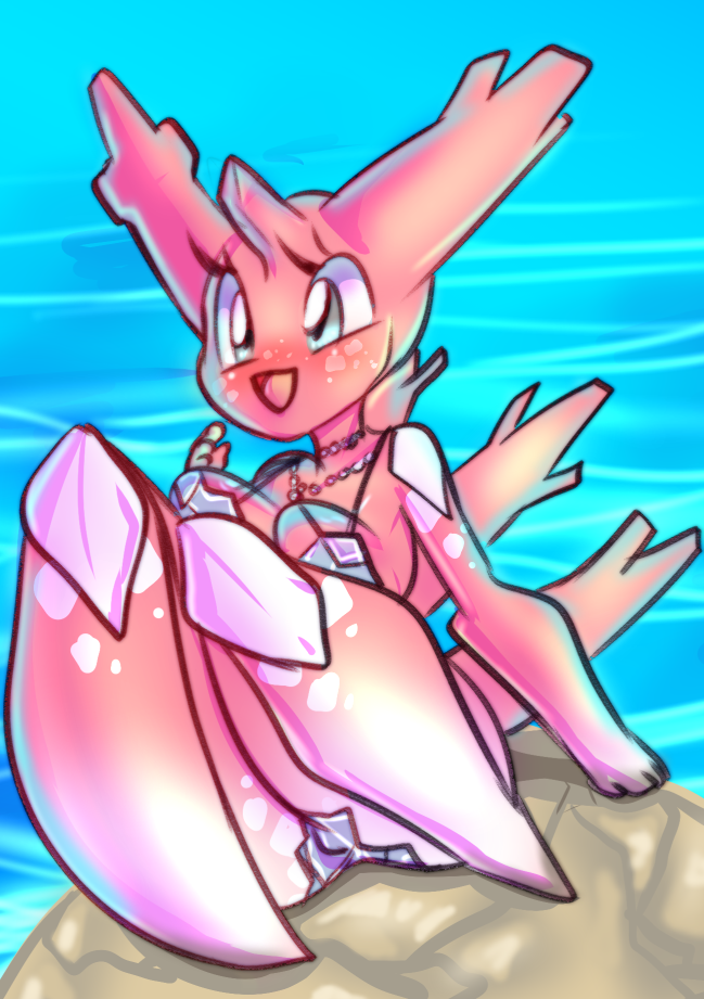 anthro big_breasts bikini blue_eyes blush breasts butt clothed clothing corsola echinoderm female jewelry marine necklace nintendo open_mouth open_smile outside pocketmew pok&eacute;mon pok&eacute;mon_(species) rock sitting smile solo swimsuit video_games water