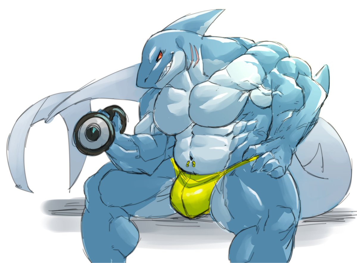 barazoku biceps bulge claws clothing exercise fin fish gills looking_at_viewer male marine muscular muscular_male navel pecs red_eyes shark sharp_teeth simple_background sitting solo tagme teeth underwear vorusuarts