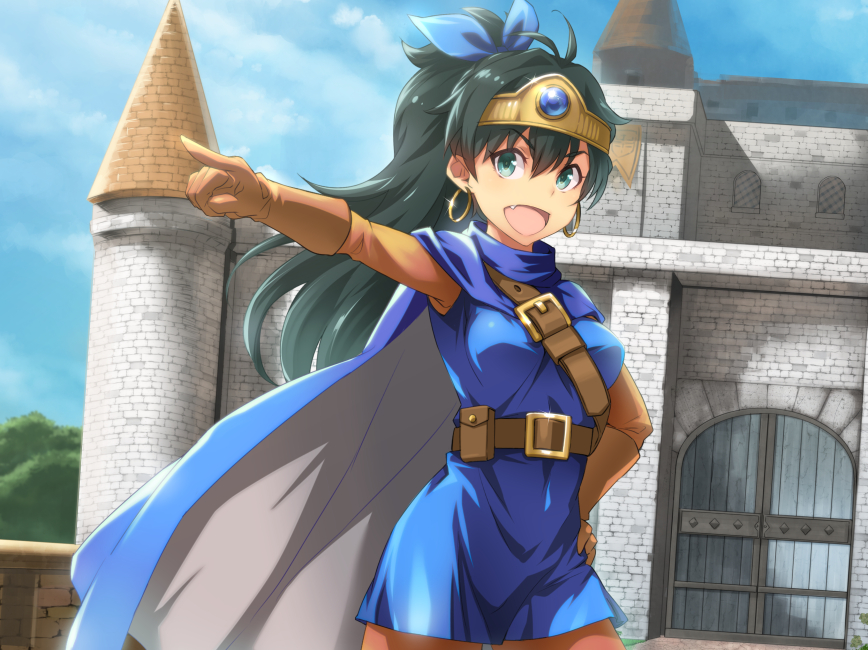 black_hair blue_eyes cape castle cosplay crown don_michael dragon_quest dragon_quest_iii fang ganaha_hibiki gloves idolmaster idolmaster_(classic) long_hair open_mouth outstretched_arm ponytail roto roto_(cosplay) smile solo