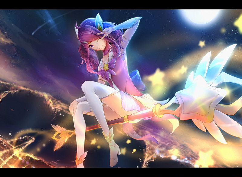 alternate_costume city city_lights commentary_request lancefate league_of_legends letterboxed long_hair looking_at_viewer luxanna_crownguard magical_girl moon moonlight night pink_eyes pink_hair shooting_star sidesaddle smile solo star star_guardian_lux thighhighs v_over_eye wand white_legwear