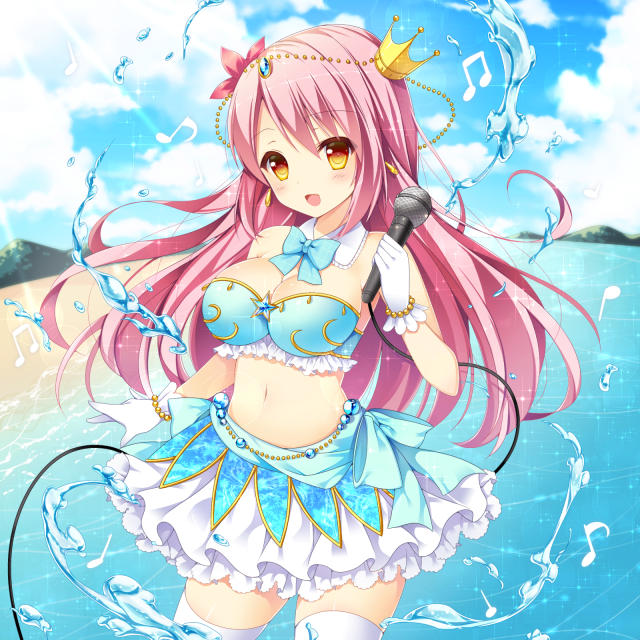 beach blush breasts crown day detached_collar gloves kidatsu!_dungeons_lord large_breasts long_hair microphone midriff mini_crown navel official_art outdoors pink_hair riko_(kujira215) smile solo thighhighs water yellow_eyes