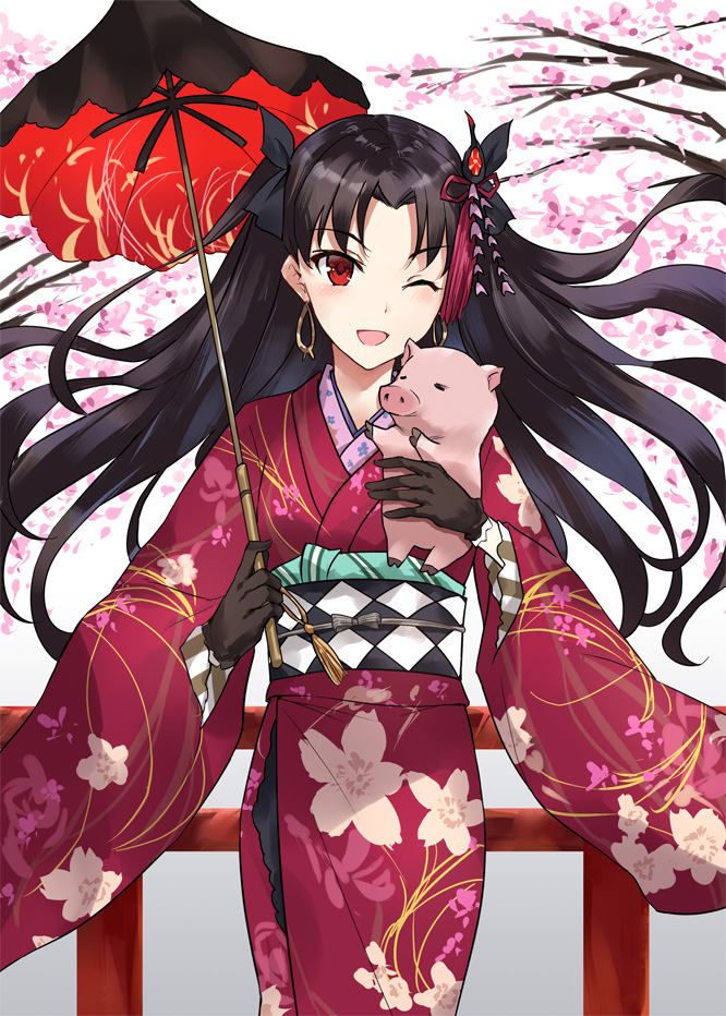 1girl ;d animal asle bangs black_gloves black_hair black_ribbon black_umbrella chinese_zodiac commentary_request earrings eyebrows_visible_through_hair fate/grand_order fate_(series) floral_print gloves hair_ornament hair_ribbon holding holding_umbrella ishtar_(fate/grand_order) japanese_clothes jewelry kimono long_hair long_sleeves obi one_eye_closed open_mouth parted_bangs pig print_kimono red_eyes red_kimono red_umbrella ribbon sash smile solo two_side_up umbrella very_long_hair wide_sleeves year_of_the_pig
