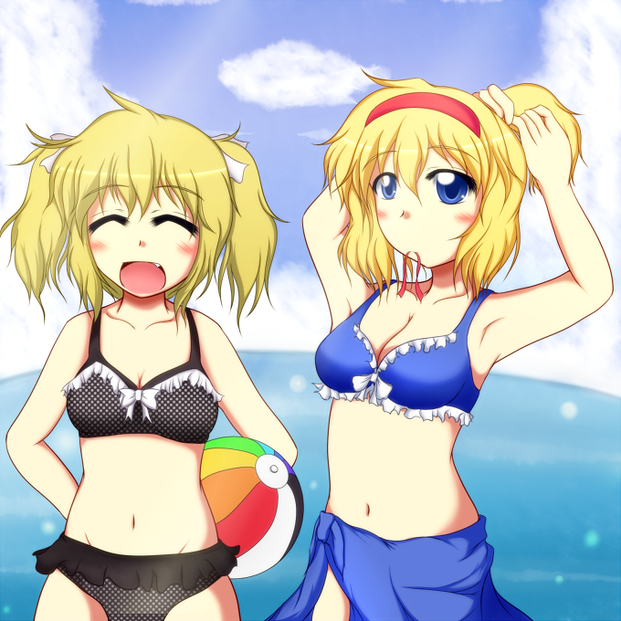 alice_margatroid altas alternate_hairstyle ball beach beachball bikini blonde_hair blue_eyes blush closed_eyes fang frilled_bikini frills hairband kirisame_marisa multiple_girls open_mouth ponytail smile swimsuit touhou twintails