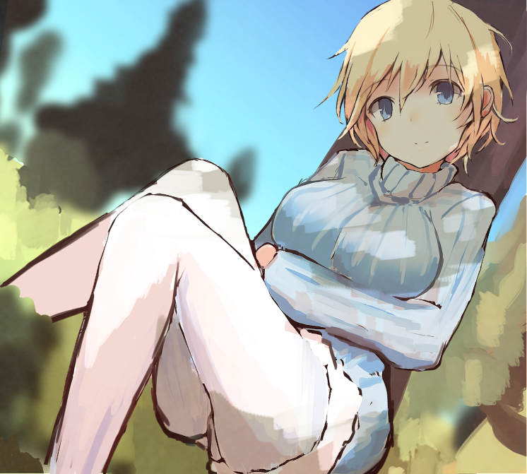 blonde_hair blue_eyes brave_witches breasts grass large_breasts long_sleeves magryo763 nikka_edvardine_katajainen pantyhose ribbed_sweater short_hair sitting solo sweater tree white_legwear world_witches_series