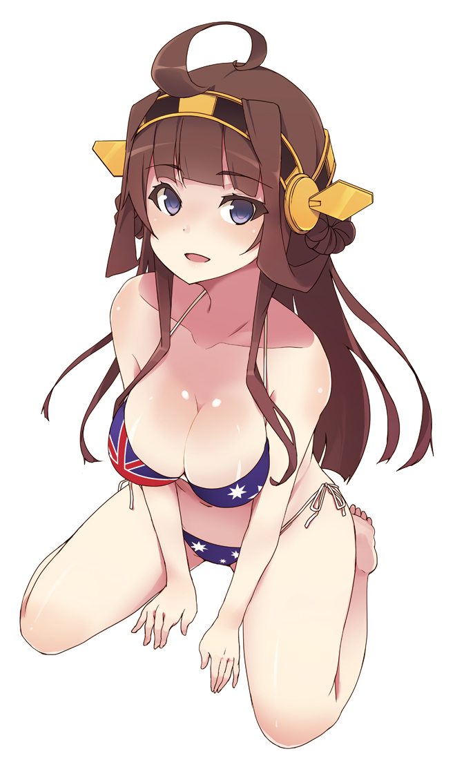 ahoge alternate_costume australia australian_flag australian_flag_bikini bare_shoulders barefoot bikini blush breasts brown_hair cleavage double_bun flag_print full_body hairband kantai_collection kongou_(kantai_collection) large_breasts long_hair looking_at_viewer maze_(gochama_ze_gohan) open_mouth print_bikini side-tie_bikini simple_background sitting smile solo swimsuit union_jack wariza white_background