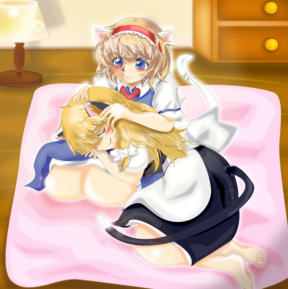 alice_margatroid animal_ears apron bad_id bad_pixiv_id barefoot blonde_hair blush braid chi-chi closed_eyes couple hairband kemonomimi_mode kirisame_marisa long_hair lying_on_lap multiple_girls no_hat no_headwear short_hair side_braid smile tail touhou waist_apron yellow_eyes yuri