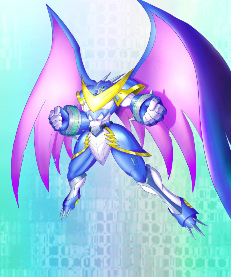 1girl armor blue_armor digimon dragon_wings full_armor horns kazkazkaz monster royal_knights ulforceveedramon v wings