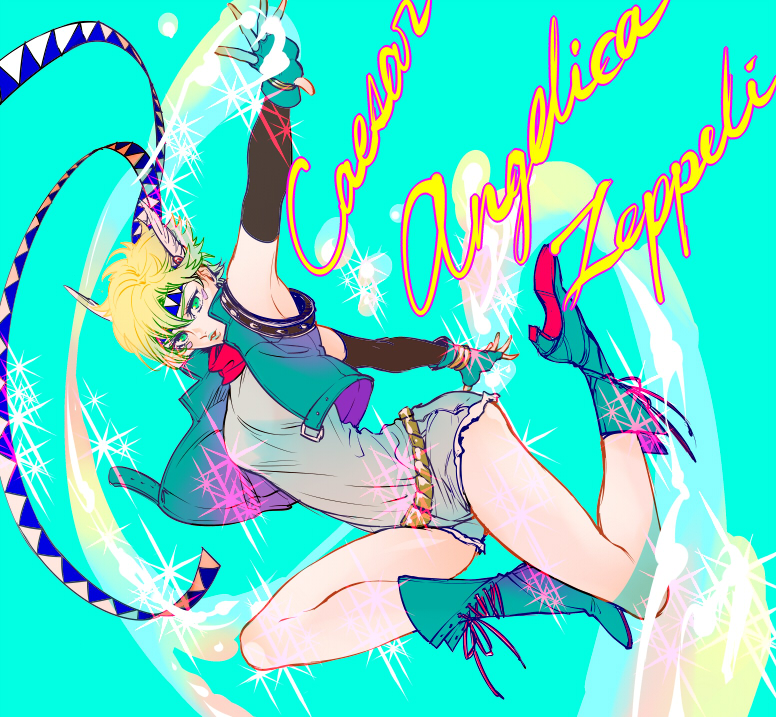 bad_id bad_pixiv_id blonde_hair boots bubble caesar_anthonio_zeppeli facial_mark feathers fingerless_gloves genderswap genderswap_(mtf) gloves green_eyes green_jacket green_lipstick hair_feathers headband jacket jojo_no_kimyou_na_bouken lipstick makeup saitooo short_hair shorts solo