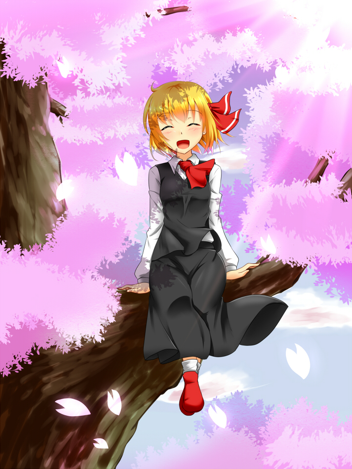 :d ^_^ blonde_hair cherry_blossoms closed_eyes hair_ribbon in_tree open_mouth petals ribbon rody_(hayama_yuu) rumia shirt sitting sitting_in_tree skirt smile solo touhou tree vest