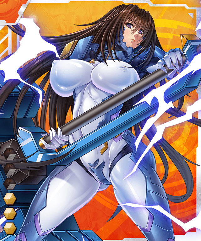 armor asagiri bodysuit breasts brown_hair card_(medium) electricity erect_nipples huge_breasts purple_eyes setsuna_grace skin_tight taimanin_asagi taimanin_asagi_battle_arena