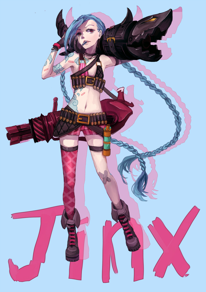 1girl belt blue_hair boots braid bullets jinx_(league_of_legends) league_of_legends long_hair meuyi pink_eyes tattoo twin_braids weapon