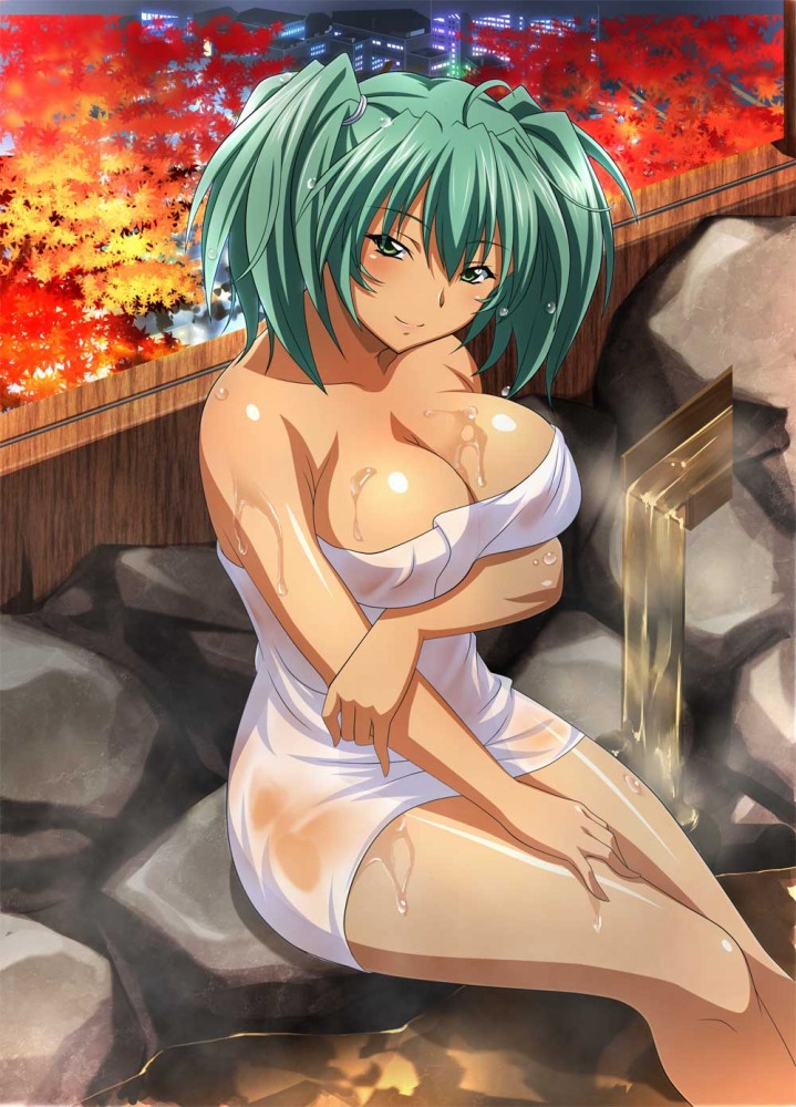 artist_request autumn_leaves breasts building cleavage green_eyes green_hair ikkitousen ikkitousen_great_guardians large_breasts leaf maple_leaf naked_towel official_art onsen ryofu_housen see-through smile solo towel twintails wet