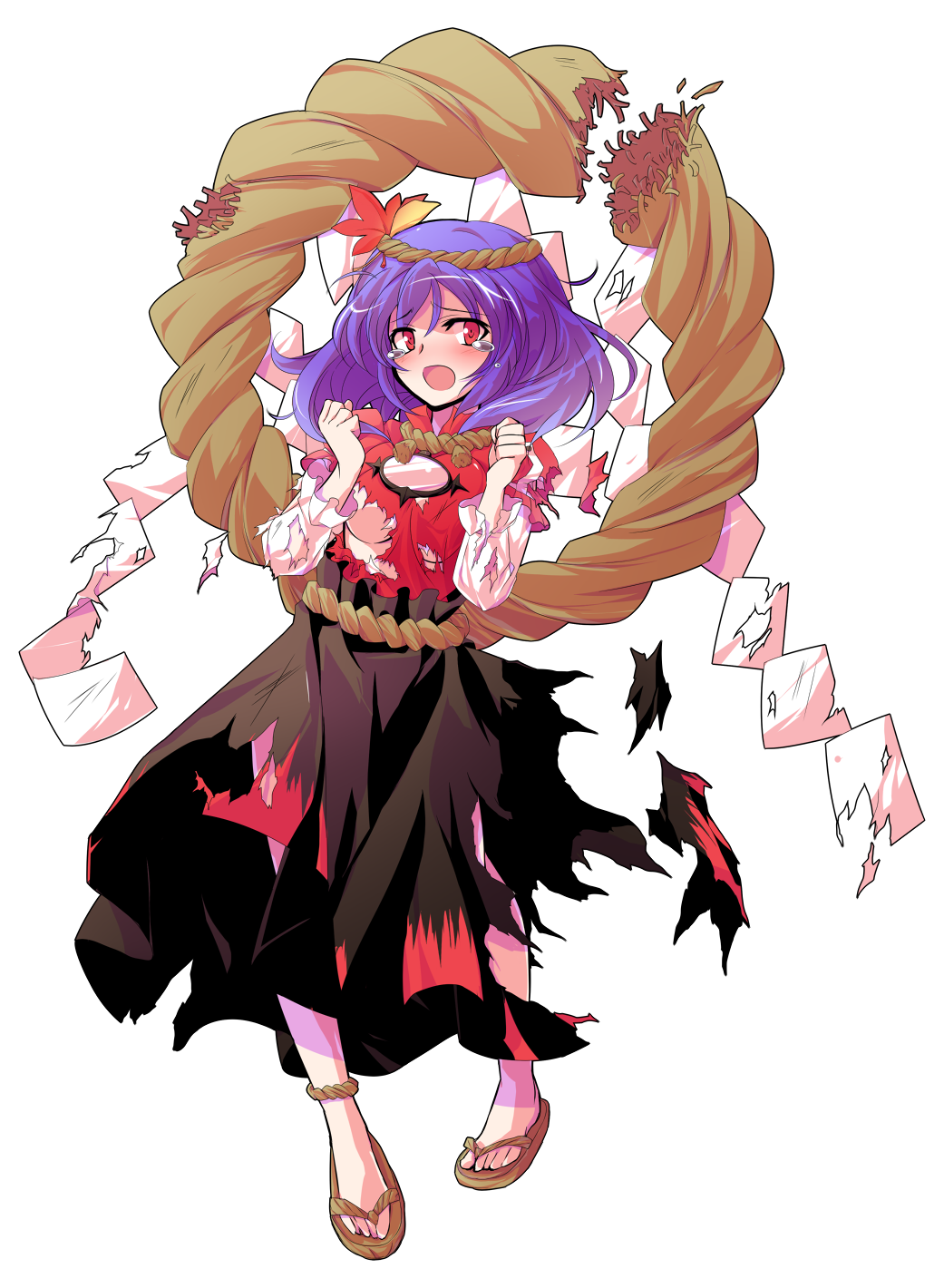 after_battle alphes_(style) blush breasts clenched_hands d: dairi full_body highres leaf looking_at_viewer maple_leaf medium_breasts open_mouth parody purple_hair red_eyes rope sandals shimenawa skirt solo style_parody tachi-e tears torn_clothes touhou transparent_background tunic underboob yasaka_kanako