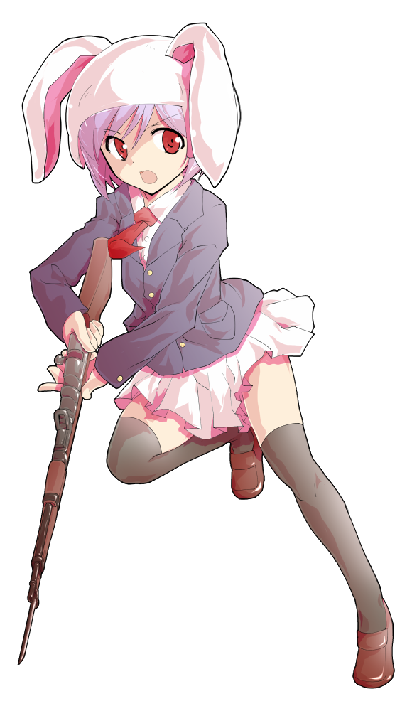 alphes_(style) animal_hood arisaka bad_id bad_pixiv_id bayonet blazer bolt_action bunny_hood business_suit collared_shirt d: dairi formal full_body gun hood jacket loafers looking_at_viewer miniskirt necktie open_mouth parody purple_hair red_eyes reisen rifle running shirt shoes short_hair skirt solo style_parody suit tachi-e thighhighs touhou transparent_background weapon