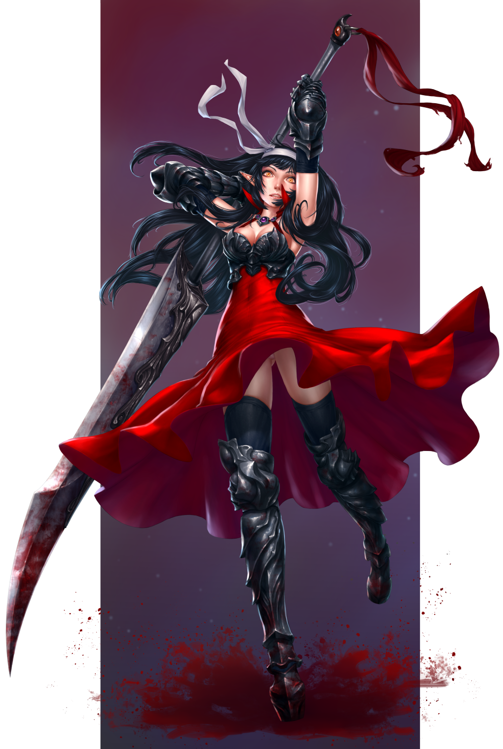 armor armored_dress bad_id bad_pixiv_id blood breasts brown_eyes cleavage elf fantasy gauntlets hairband highres long_hair medium_breasts ml.e original pointy_ears solo sword thighhighs vampire weapon