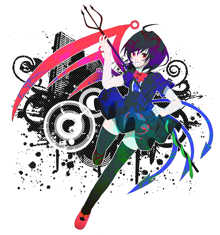 bad_id bad_pixiv_id black_hair black_legwear dress houjuu_nue polearm red_eyes short_hair snake solo suo thighhighs touhou trident weapon wings zettai_ryouiki