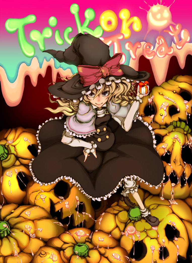 blonde_hair braid halloween hat jack-o'-lantern kirisame_marisa long_hair mafei pumpkin solo touhou trick_or_treat witch_hat