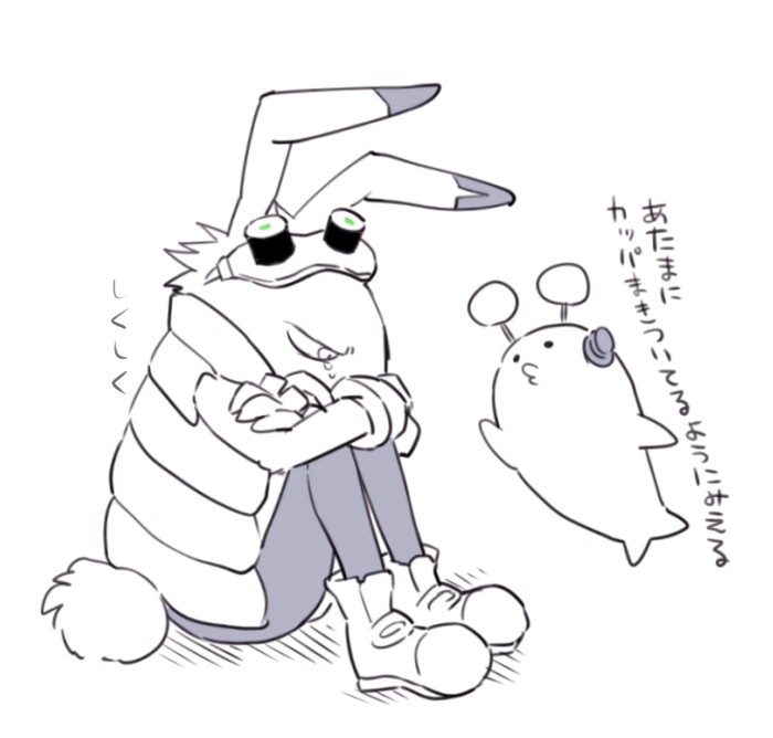 2015 anthro clothed clothing crying dialogue duo eyewear feral footwear goggles ichthy0stega japanese_text king_kazma lagomorph mammal marine monochrome pinniped rabbit shoes simple_background summer_wars tears text translation_request white_background